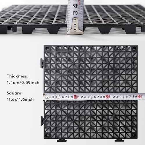 12PCS Interlocking Drainage Mat, 12" x 12" Non-Slip Splicing Rubber Drainage Floor Mats with Holes, Cushioning Floor Tiles Mats for Deck, Pool, Indoor Bathroom & Outdoor Balcony-Black