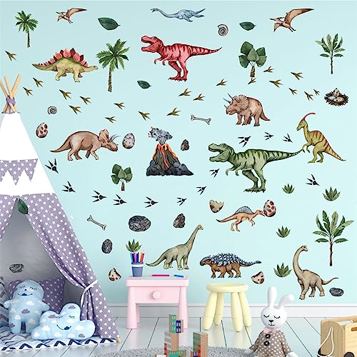 Large Dinosaur Wall Stickers Peel and Stick Dinosaur Footprint Wall Decals Tropical Leaf Palm Tree Wall Stickers Dino Feet Colorful Dinosaurs Wall Decals for Boys Room Bedroom Nursery