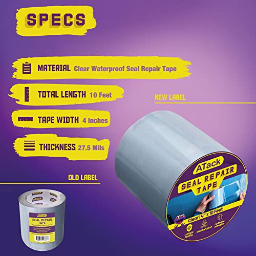 ATack Waterproof Patch and Seal Tape, Clear, 4 Inches x 10 Feet, Water Barrier Tape for Stop Leak Repair on Pipes, Chimney, Roof, Boat, and HVAC