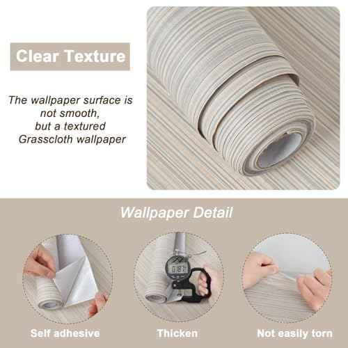 Naphite Grasscloth Peel and Stick Wallpaper Modern Textured Self-Adhesive Wallpaper 118inL 15.7inW Neutral Fabric Contact Paper for Cabinets Drawers Furniture Faux Linen Removable Bedroom Wall Decor