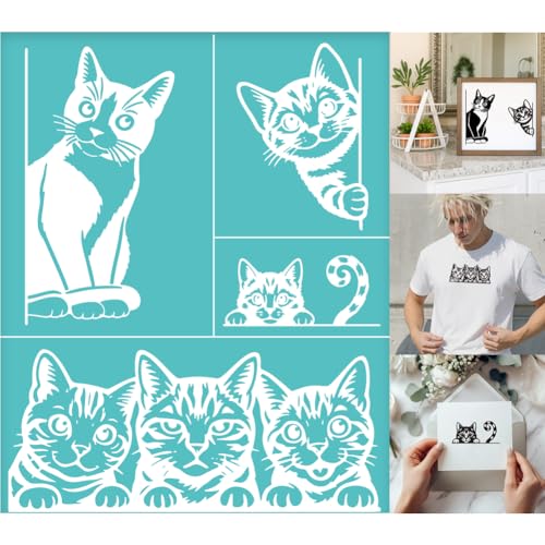 2 Sheets Silk Screen Stencil, Interesting Cats Painting Stencils Templates Reusable Self-Adhesive Silk Screen Printing for Wall Border Wood Fabric Home Craft Decor