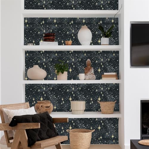 Black Peel and Stick Wallpaper Retro Star Wall Stickers Self Adhesive Wallpaper Yellow Starburst Contact Paper for Ceiling Decor Sparkle Art Mural Decals for Cabinets Bedroom Living Room,15.7" x 47.2"