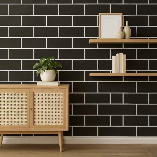 Black Brick Peel and Stick Wallpaper Waterproof Self Adhesive Removable Vinyl Wall Covering with White Grout Lines for Kitchen Backsplash Bedroom Home Decor (17.7 x 118 Inch)