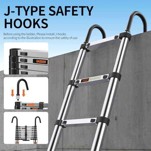Telescoping Ladder,with Stable Hook and stabilizer barand,8.5FT Extension Ladder, Heavy Duty 330lbs Max Capacity, Multi-Purpose Collapsible Ladder for RV or Outdoor Work (2.6M/8.5FT)