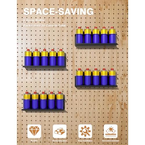 sogiv 4 Pack Spray Can Holder Organizer, Wall-Mounted Steel Spray Bottle Rack, Tool Box Storage Rack, 5 Cans Metal Paint Can Organizer for Garage, Workspace, Shop, Home or Tool Trailer, Black
