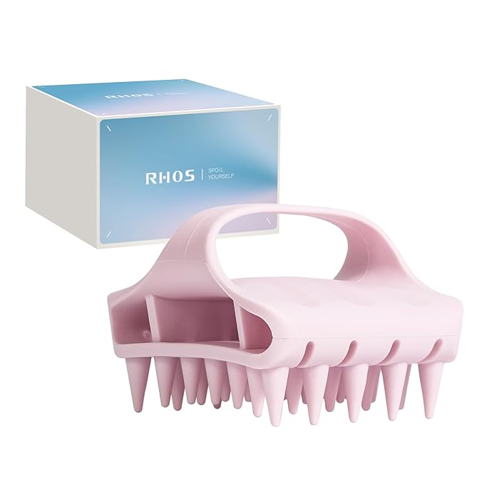 RHOS Scalp Massager Shampoo Brush, Curved Vented Scalp Scrubber, Soft Silicone Hair Scrubber for Dandruff Removal, Wet & Dry Hair (Pink)