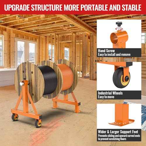 Portable Wire Spool Rack Cable Caddy - Steel Dispenser Holder With Wheels for up to 28" Diameter Spools, 220 Lbs Capacity (Orange)