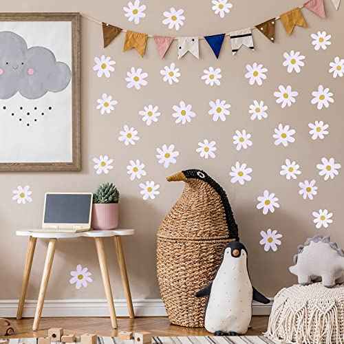 Bremorou 36PCS Retro White Daisy Flower Wall Stickers, Waterproof & Reusable Vinyl Wall Floral Decals for Kids Nursery, Bedroom, Classroom, Office Decor