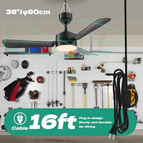 Ceiling Fans with Lights,36" LED Fan Light Hanging with Hook,Plug in Ceiling Fan Light,Hook Type Ceiling Fan,40W,3000-6500k,Remote Control,Portable Fan for Camping Bed,Patios,(Black)