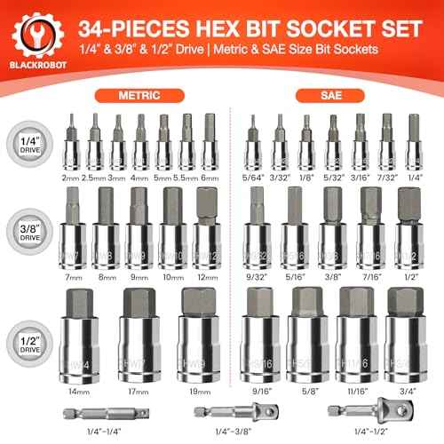34-Pieces Hex Bit Socket Set, BLACKROBOT 1/4" 3/8" 1/2" Drive SAE & Metric Size Allen Socket Set with Socket Adapters and Portable Storage Case, S2 Alloy Steel