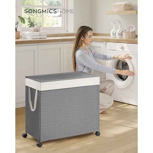 SONGMICS HOME Laundry Hamper with 3 Section, Large 140 L Rolling Laundry Basket with Wheels, Rattan Clothes Basket with Lid, Removable Liner with Handles, Dove Gray and Matte White ULCB602G01