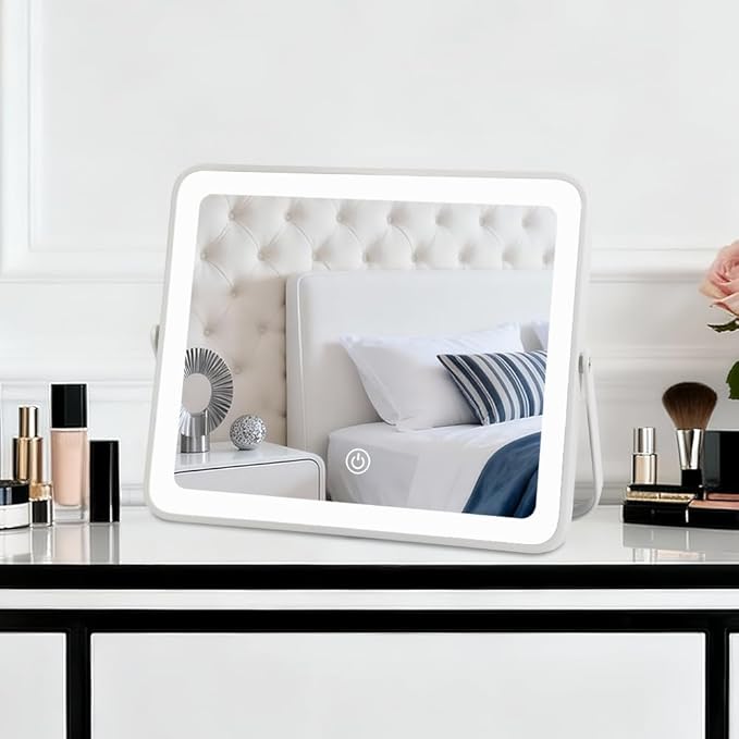 YEKKOPT Portable Desk Vanity Mirror with Lights,10"ÃÂ12" Small Rechargeable Makeup Mirror with Lights,Smart Touch Screen with 3-Color Lighting,Dimmable,for Dorm Tabletop,Bedroom,Decor