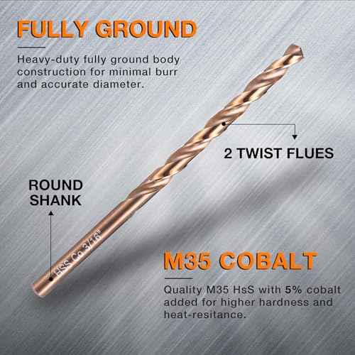 3/16 Inch Cobalt Drill Bits (10pcs), M35 High Speed Steel, 135 Degree Tip, Jobber Length Twist Drill Bit Set for Hard Metal, Stainless Steel, Cast Iron, Wood and Plastic, with Storage Case