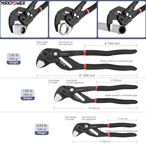 MAXPOWER 3 Pieces Pliers Wrench 7 inch 10 inch 12 inch