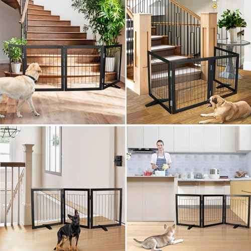 ZJSF Freestanding Dog Gate Indoor, Foldable Dog Fence for Doorways,Hallways or Stairs, Sturdy Wood Extra Wide Pet Gate with Support Feet,Black,24 "Height-3 Panels