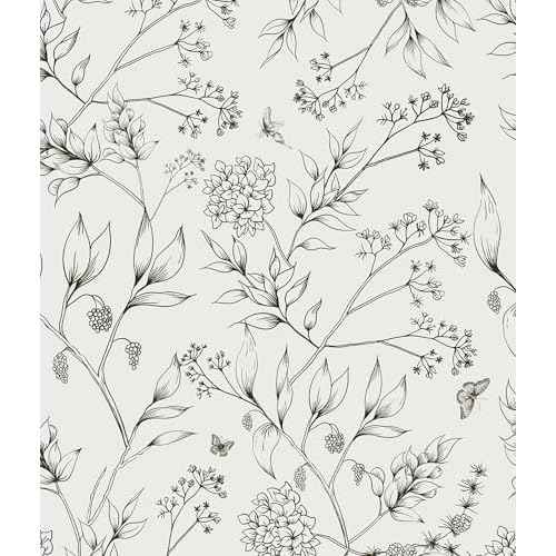 Safiyya Peel and Stick Wallpaper Black and White Floral Contact Paper Peel and Stick 17.3"x 78.7" Wall Paper Self Adhesive Removable Wallpaper for Bedroom Bathroom Vinyl Roll