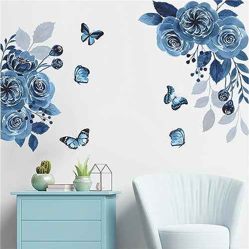 Blue Siren Peony Rose Flower Wall Stickers,sacinora Butterfly Floral Art Plants Wall Decals Removable Vinyl Peel and Stick for Living Room Bedroom Children's Room Kitchen Sofa TV Background Decoration