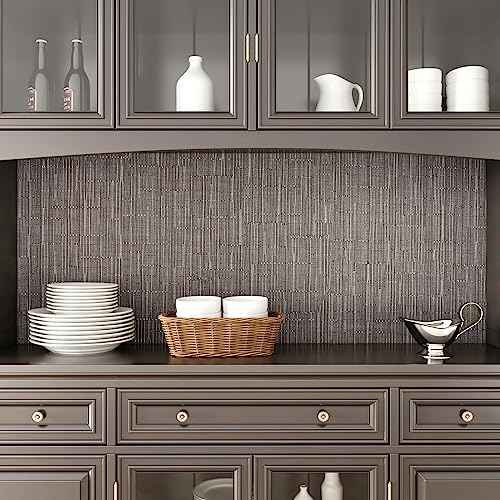 CRE8TIVE Taupe Brown Grasscloth Peel and Stick Wallpaper - 12"x80' Faux Woven Grass Cloth Removable Self Adhesive Brown Contact Paper Linen Weave for Bedroom Cabinets Shelf Furniture