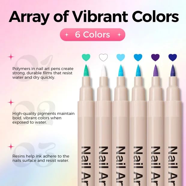 6 Colors Nail Art Pens Set, 3D Nail Polish Pens Quick-Drying Acrylic Paint Markers, Dotting Liner Brush for DIY Nail Design, Home & Salon Manicure Tools