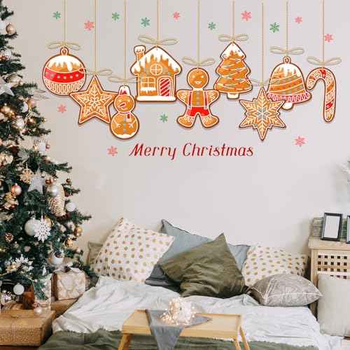 Christmas Gingerbread Wall Decals Removable Vinyl Xmas Wall Stickers Christmas Candy Snowflake Peel and Stick Wallpaper for Winter Holiday Living Room Bedroom Home Office Decor