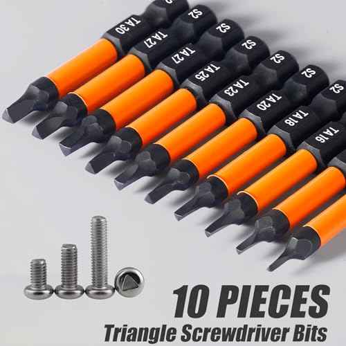 10 Pieces Triangle Screwdriver Set, 2 inch /50 mm Long Magnetic Triangle Screwdriver Bits Set, 1/4 Inch Hex Shank Triangle Bit Set, S2 Steel Triangle Head Drill Bit for Impact Driver, TA12-TA30