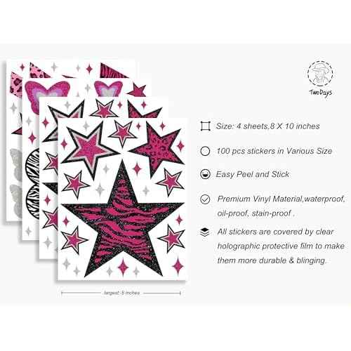 TwoDays 100PCS Y2K Room Decor Aesthetic Wall Decal, 2000s Mcbling Vinyl Peel and Stick Stickers for College Teen Girls Bedroom, Pink Stars Trashy Y2k Decorations for Women Apartment.