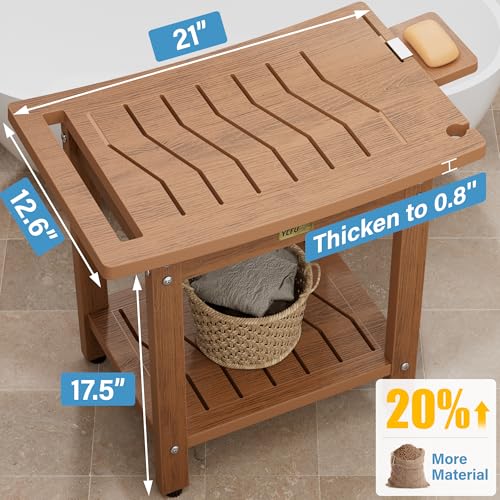 YEFU Shower Chair for Inside Shower: 21 Inch Oversized Waterproof/No Maintenance - Teak Shower Stool with Shelf & Handle 400 LBS - Bathrooms/Outdoor - Non-Slip Easy Assemble Bench for Adult/Elderly