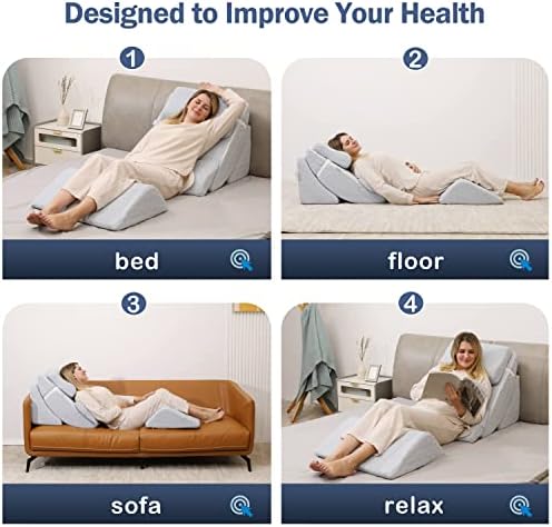 5pcs Orthopedic Bed Wedge Pillow Set, Adjustable Memory Foam, Post Surgery Foam for Back Neck & Leg Pain Relief Support, Acid Reflux, Snoring Reading, Sleeping, Sitting up, Blue
