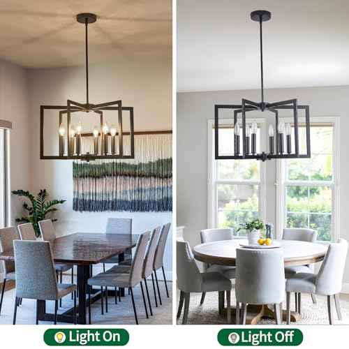 Dining Room Light Fixture, Modern Black Chandelier Farmhouse Metal Pendant Light for Foyer Enteyway Living Room Kitchen Island, 6 Wrought Iron Lights E12 Bulbs, Height Adjustable, 21.2 inch