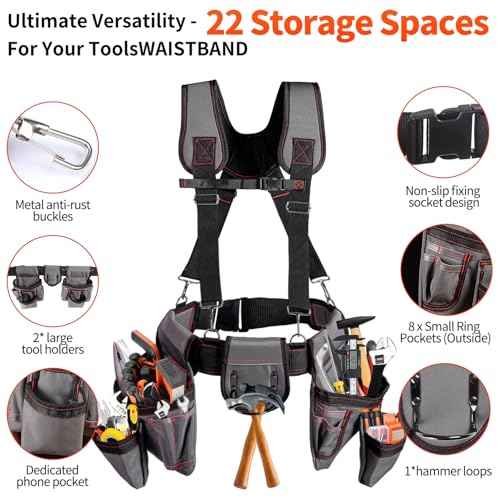 Tool Belt With Suspenders, 22 Pockets Tool Bag Multi-Functional Adjustable Waist Tool Belt, Heavy Duty Tool Organizer Suitable for Framers, Carpenter, Electrician,Construction (light gray, middle)