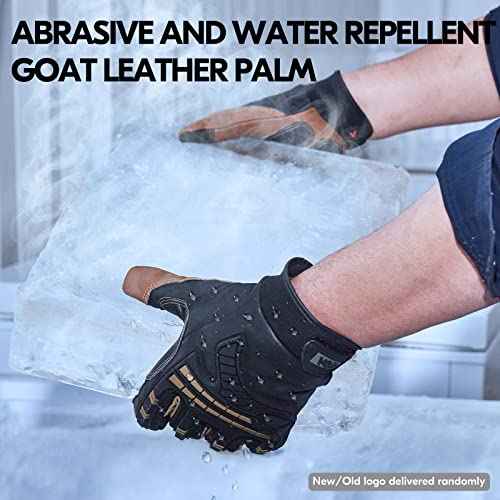 Vgo... 1-Pair High Dexterity Water Repellent Goat Leather Heavy Duty Mechanic Glove,Rigger Glove,Anti-Vibration,Anti-Abrasion,Touchscreen (Size L,Brown,GA8954)