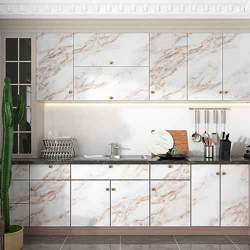 Wallercity White/Gold Marble Contact Paper for Countertops Matte Peel and Stick Granite Wallpaper for Cabinets Drawers Vinyl Self Adhesive Wallpaper for Bathroom Kitchen Backsplash Table 15.8''x78.7''