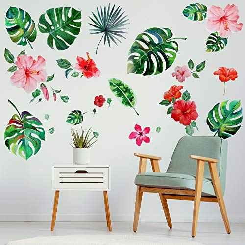 66 Pieces Large Palm Leaves Wall Decals Tropical Hibiscus Flower Peel Removable Stickers Green Plants Fresh Leaves Stickers for DIY Bedroom Living Room Office Bathroom Wall Corner