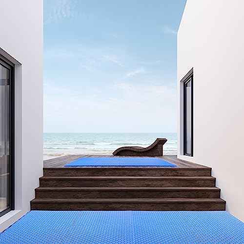 Huwena 50 Pcs Modular Interlocking Cushion Floor Tiles 10 x 10 Inch Non Slip Pool Floor Mat Blue Interlocking Rubber Draining Flooring Tiles with Hole for Drain Deck Patio Balcony Shower Kitchen