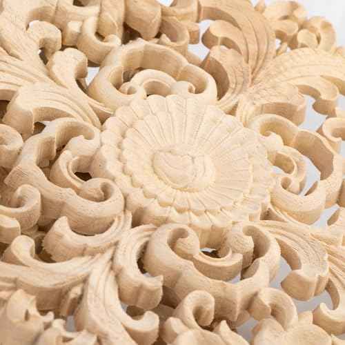 2PCS Unpainted Round Decorative Wood Carved Appliques Onlays Dia12cm/4.72",Unfinished Wooden Carved Flower Carvings Decals for Furniture Cabinet Bed Wardrobe Closet DIY Decoration