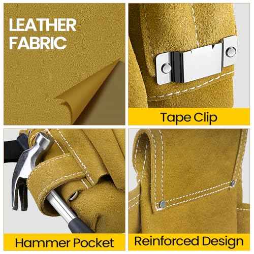 Leather Tool Pouch, Multiple Pockets, Tan Suede Construction, Professional Carpenter Utility Bag