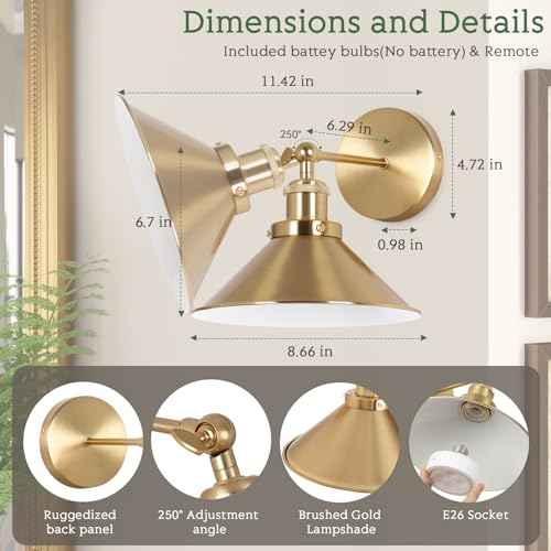 Battery Operated Wall Sconce Set of Two, Brushed Brass Battery Powered Wall Lighting Indoor, Cordless Metal Indoor Wall Lamp, Dimmable with Remote, Suitable for Living Room Bedroom Hallway