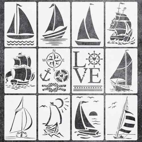 12pcs Sea Ocean Sailing Boat Seagull StencilNautical Sailboat Painting Stencils with Paint Brush Summer Sea Wave Fish Cloud Template for DIY Craft Furniture Wood Canvas