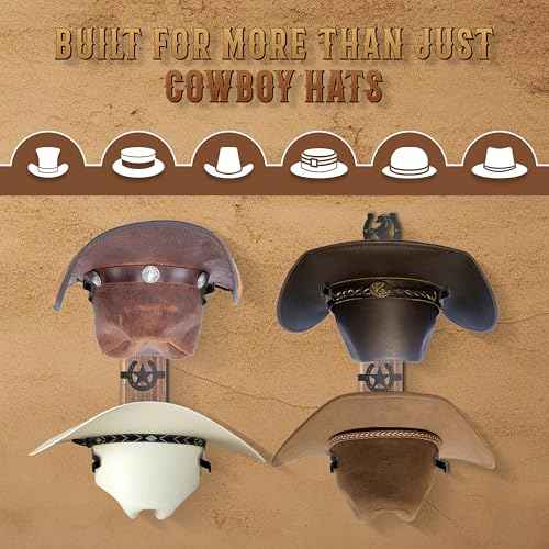 VOYX Cowboy Hat Rack Wall Mount ? Rustic Wooden Board with 4 Western Hooks ? Metal Horseshoe & Star Decor ? Hat Hanger for Entryway, Bedroom, or Ranch ? Includes Screws & Anchors