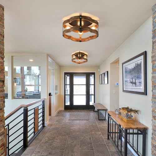 4-Light Rustic Farmhouse Wood Flush Mount Ceiling Light Fixture 14.17 inch Oak Wood and Metal Cloud Cage Semi Flush Mount Ceiling Light for Hallway Hall Entry Bedroom Farmhouse Indoor, Black
