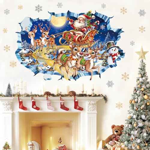 decalmile 3D Christmas Santa Claus & Reindeer Wall Decals, Multicolor, Waterproof, PVC, Perfect for Walls, Windows, Tiles, Furniture, Mirrors & Refrigerators