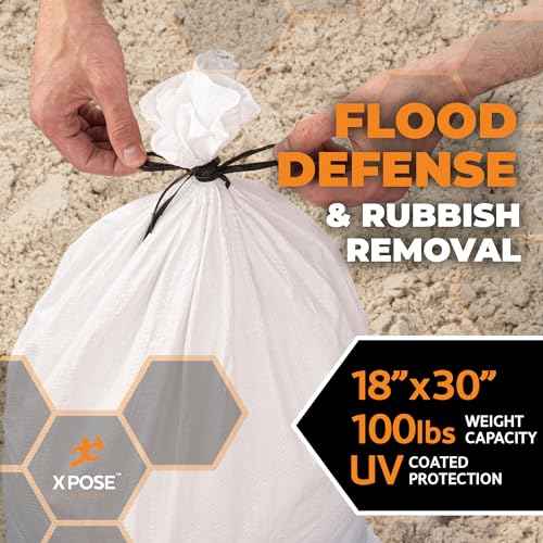 Xpose Safety Heavy Duty Sand Bags with Tie Strings ? Empty Woven Polypropylene Sandbags for Hurricane Flood Protection, 100 lb Capacity, 18" x 30", White, Pack of 20
