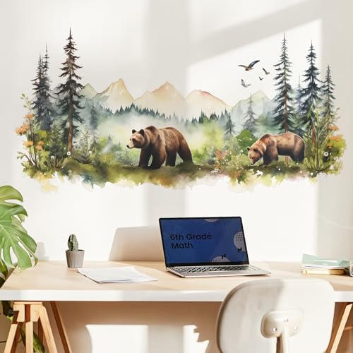 Animals Wall Stickers Mountain Forest Wall Decal for Nursery Bedroom, Wild Jungle Animal Wall Deals Vivid Bears Wall Art Murals Peel and Stick Home Decors for Study Room Living Room