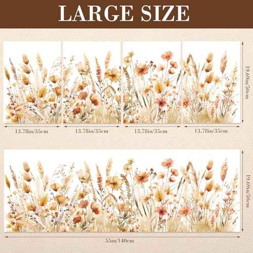 Janlaugh 4 Pcs Boho Flower Wall Decals Wildflower Wall Stickers Large Flower Grass Fall Stickers for Nursery Bedroom Living Room Peel and Stick Wildflower Decals for Wedding Shower Decoration
