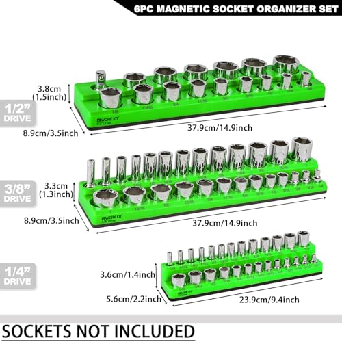 Magnetic Socket Organizer Set 6Pcs, Magnetic Socket Holder, 1/4", 3/8", 1/2" Drive Metric SAE Standard & Deep Sockets Magnetic Socket Trays