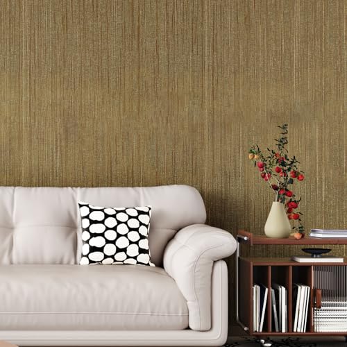 Gold Brown Grasscloth Peel and Stick Wallpaper Gold Contact Paper Brown Textured Wallpaper Fabric Self Adhesive Removable Contact Paper for Countertops Cabinets Liner Renter 15.7"¡¿78.7"