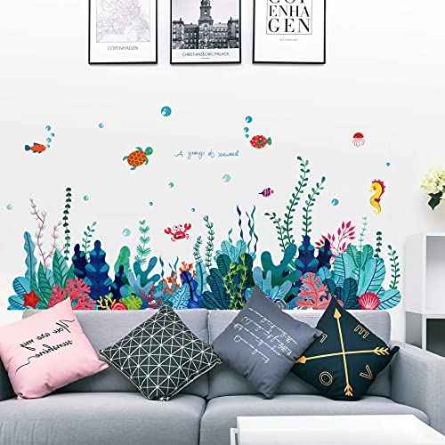 Removable 3D Under The Sea View Grass Wall Decal - DIY Ocean Coral Seaweed Stickers Murals - Peel and Stick Home Decor for Kids Bedroom, Bathroom, Girl Nursery Corner Decoration