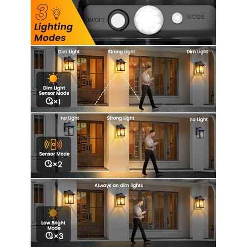 LUHLEE Solar Porch Lights Outdoor,2 Pack Motion Sensor Solar Wall Lights with 3 Lighting Modes,IP65 Waterproof 3000K Wall Sconce for Front Door Garage Shed Barn Patio Decorative