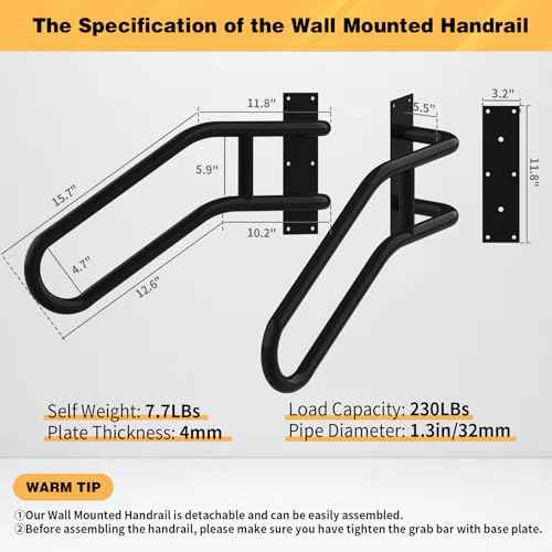 Right Side Wall Mounted handrail, Garge Door Stair Railing for 1-3 Steps(Polished Black, Right Side, 230LBs Loading)