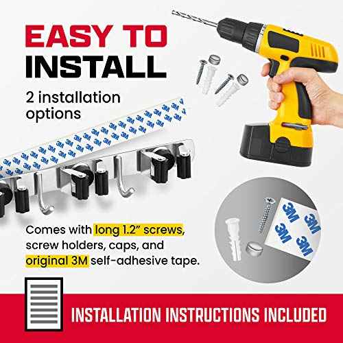 2 Pack Mop and Broom Holder Wall Mount ? Self-Adhesive Stainless Steel broom hanger organizer ? 4 Clamps, 3 Hooks ? Holds Up to 40 Lbs